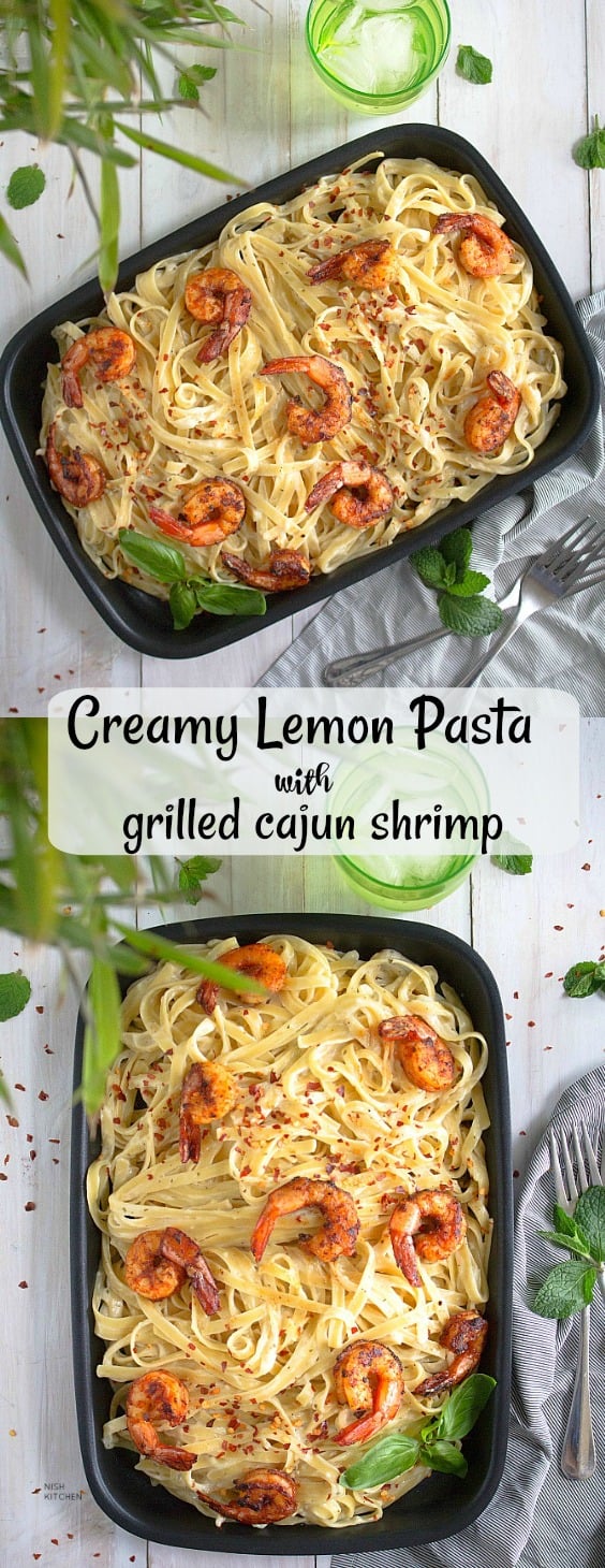 Creamy lemon pasta with grilled cajun shrimp