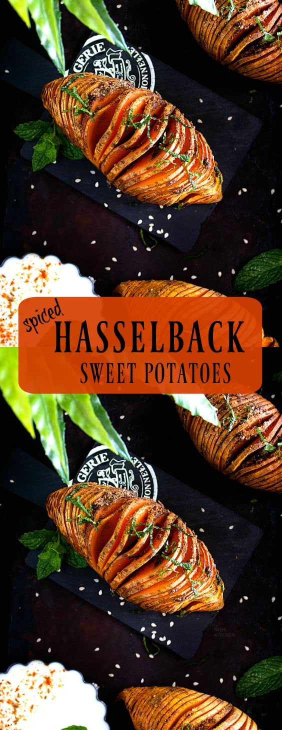 Spiced hasselback sweet potatoes with burani raita