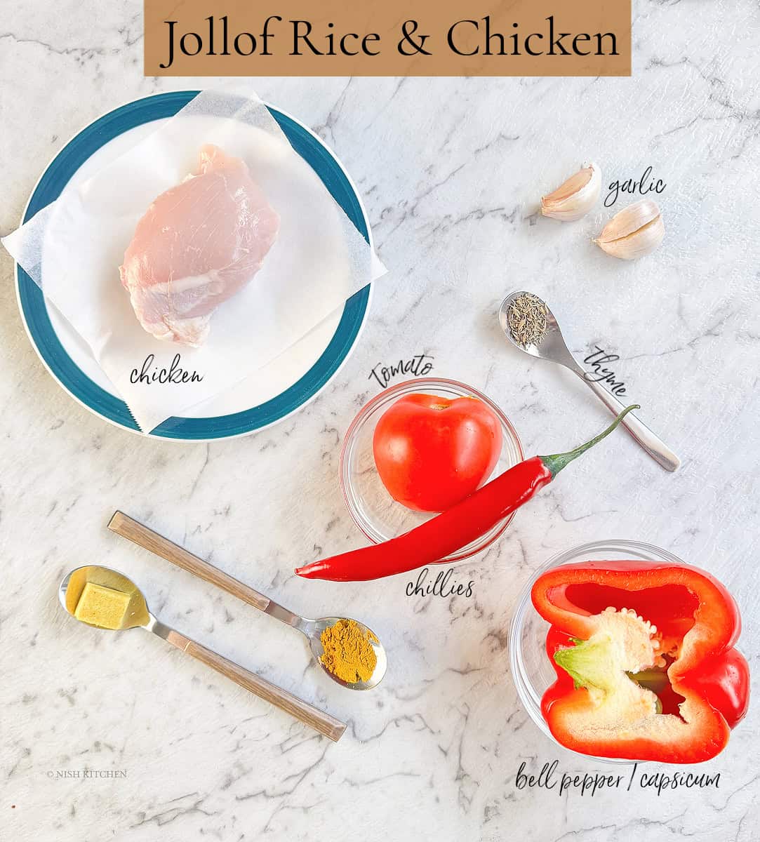 one pot jollof rice and chicken ingredients